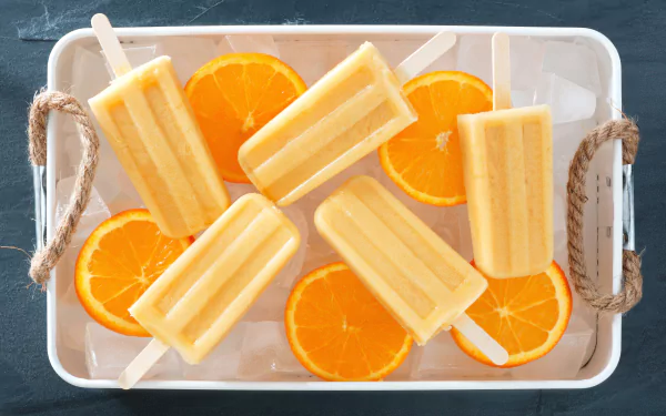 4K Ultra HD wallpaper featuring orange ice cream popsicles and ice cubes arranged on a tray with fresh orange slices, showcasing vibrant food textures.