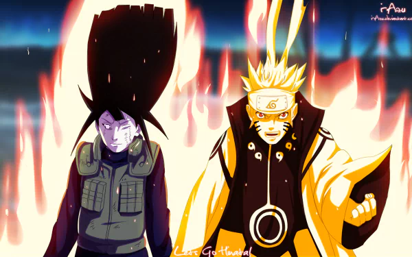 Hinata Hyuga and Naruto Uzumaki stand side by side against a fiery background, showcasing their iconic looks from the Naruto anime in this vibrant HD wallpaper.