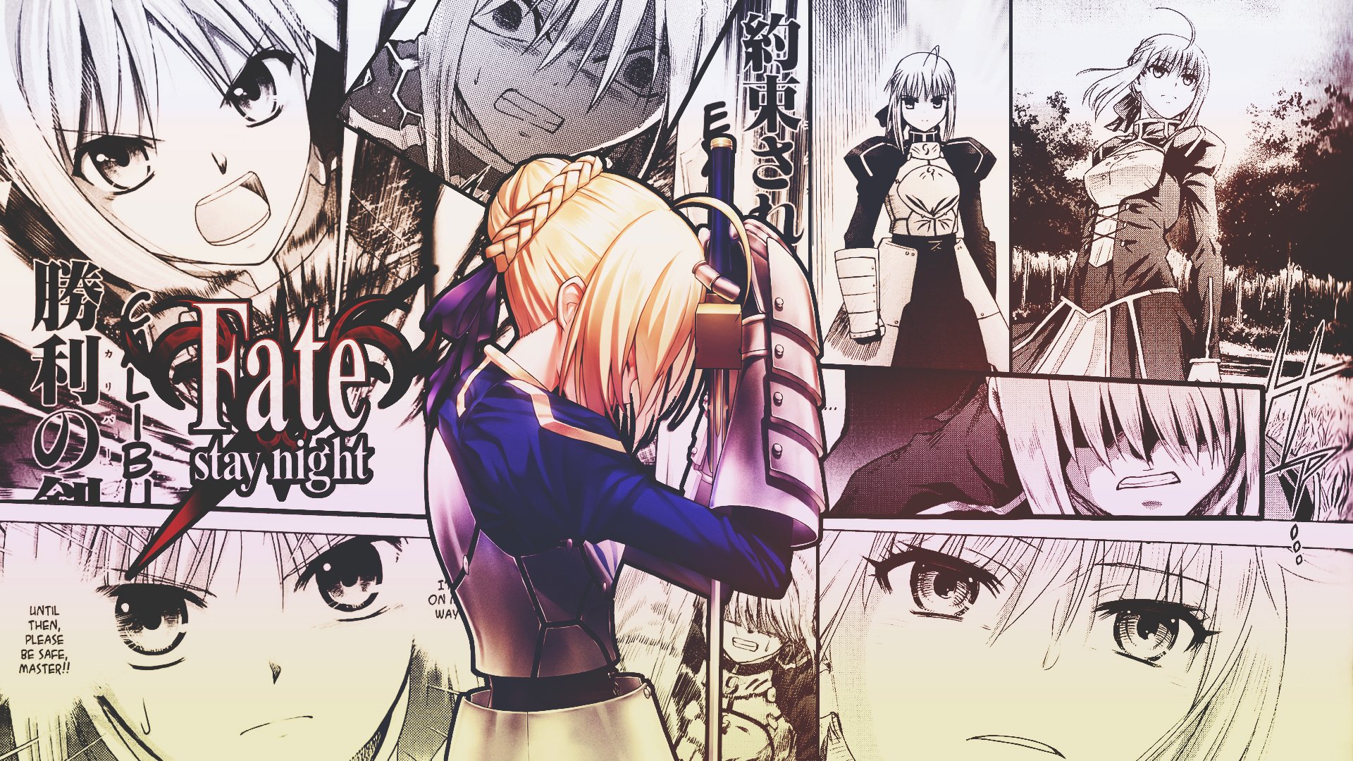 A dynamic HD desktop wallpaper featuring Saber from the Fate Series, showcasing iconic moments and characters from Fate/Stay Night in a visually engaging collage.