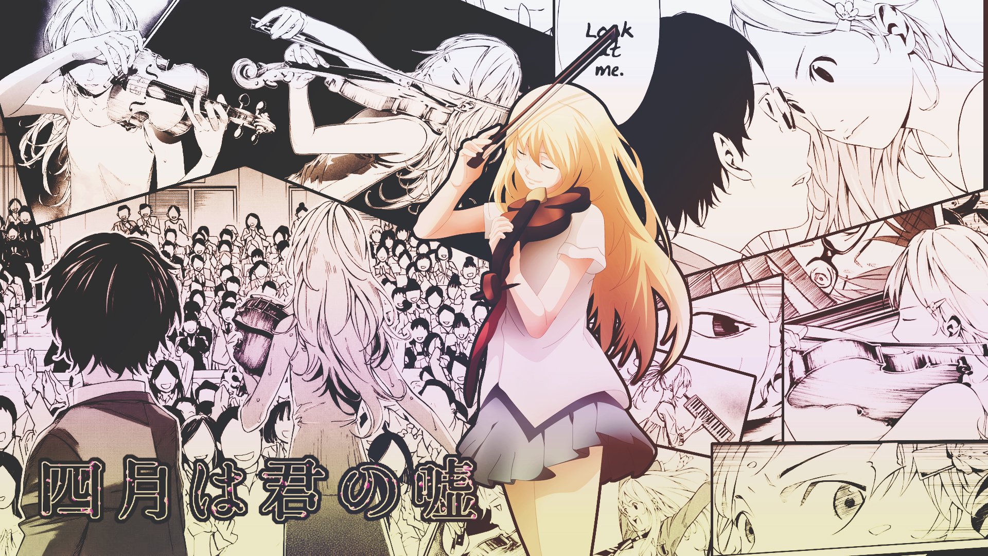 HD wallpaper featuring Kousei Arima and Kaori Miyazono from the anime Your Lie in April, capturing key moments of music and emotion in a vibrant, artistic style.