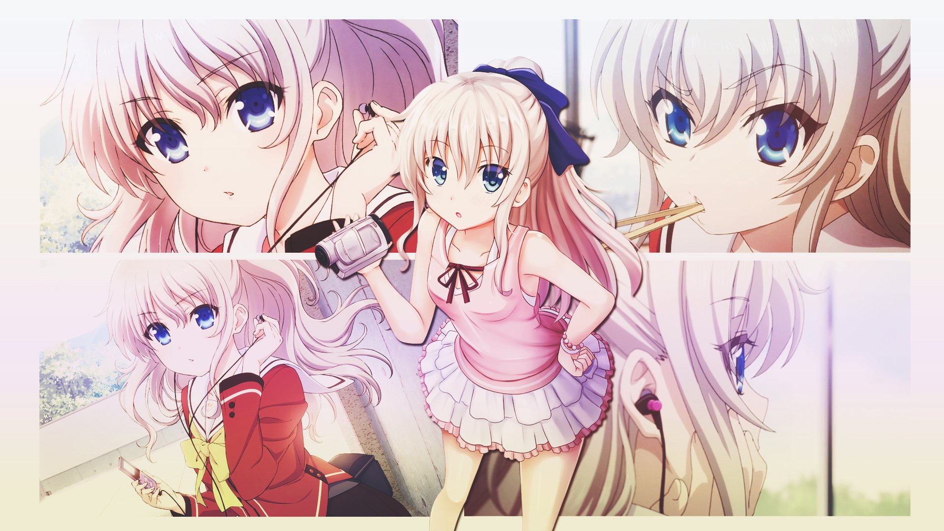 HD desktop wallpaper featuring Charlotte from the anime Charlotte, depicting a character with long white hair, blue eyes, and various expressions, holding a camera and dressed cutely.