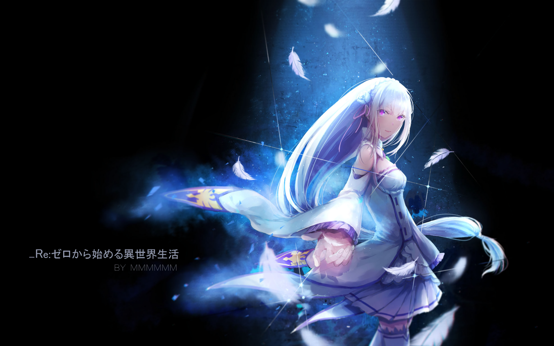 HD desktop wallpaper featuring Emilia from Re:ZERO - Starting Life in Another World, surrounded by floating feathers and ethereal light, showcasing her enchanting presence.