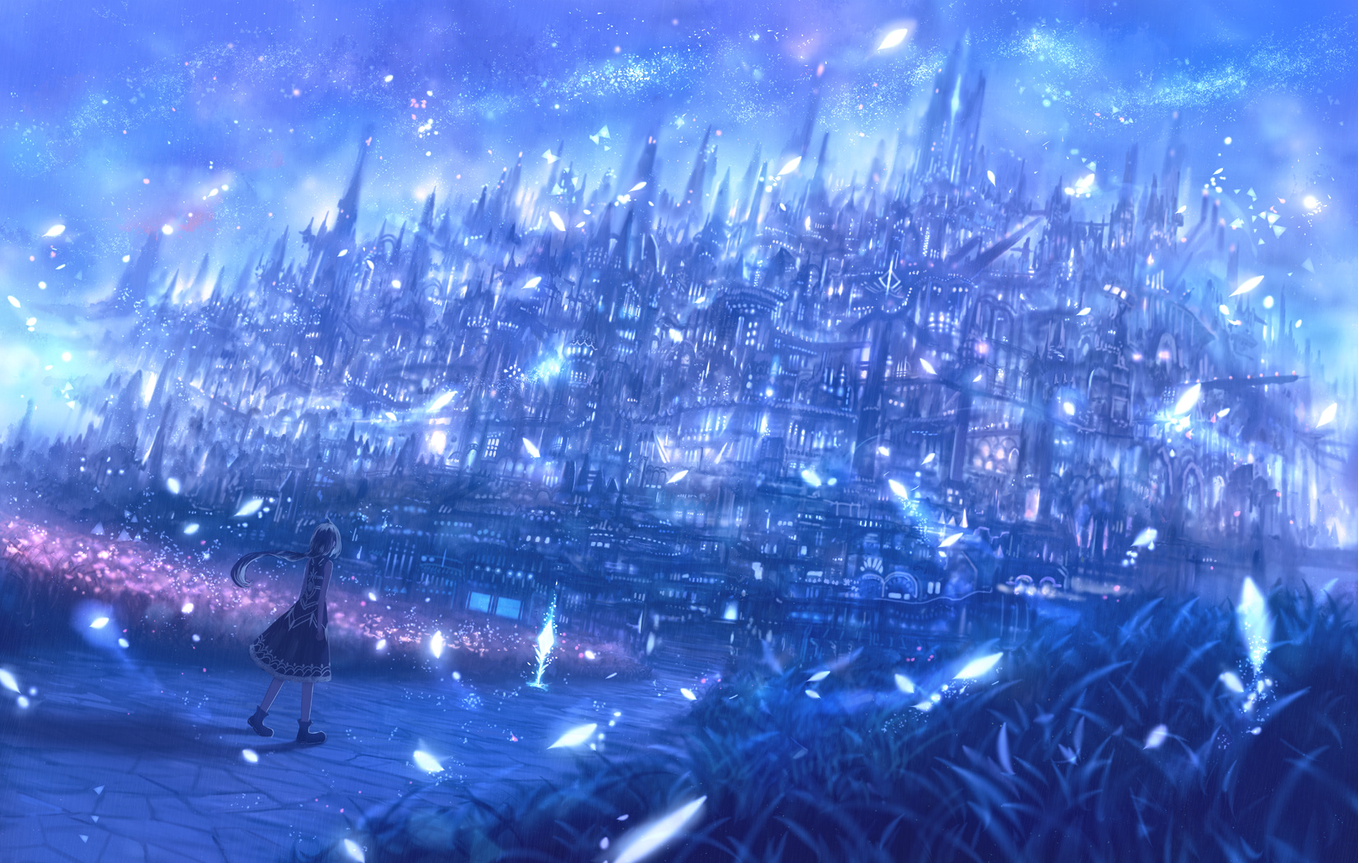 A stunning HD anime wallpaper featuring a mystical city illuminated by shimmering lights and surrounded by lush grass, inviting exploration in a dreamlike atmosphere.