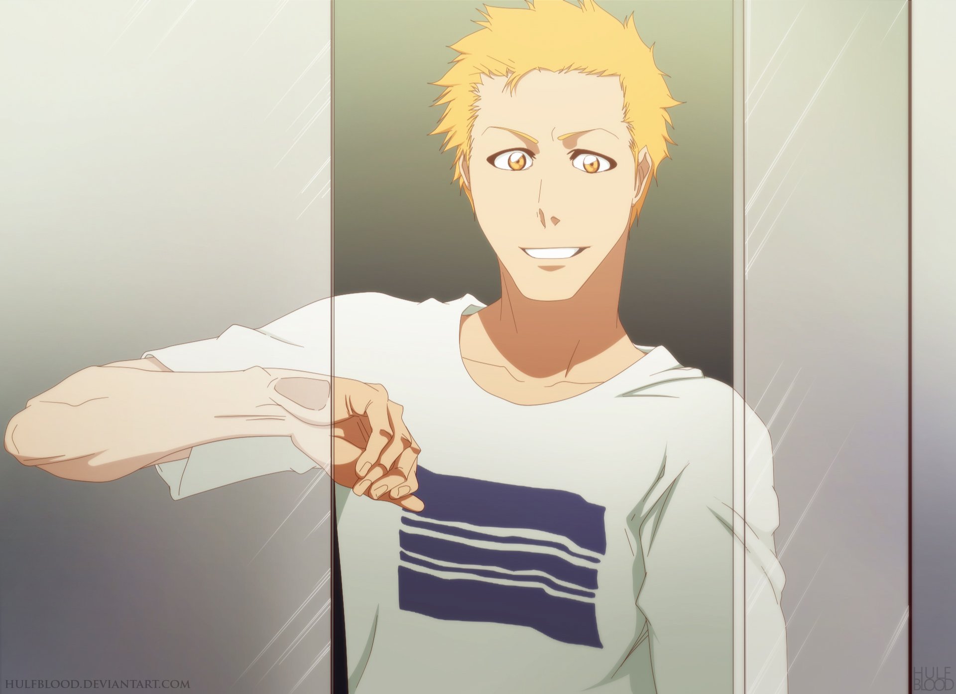 HD anime desktop wallpaper featuring Ichigo Kurosaki from Bleach, smiling with a casual white shirt against a soft, neutral background.