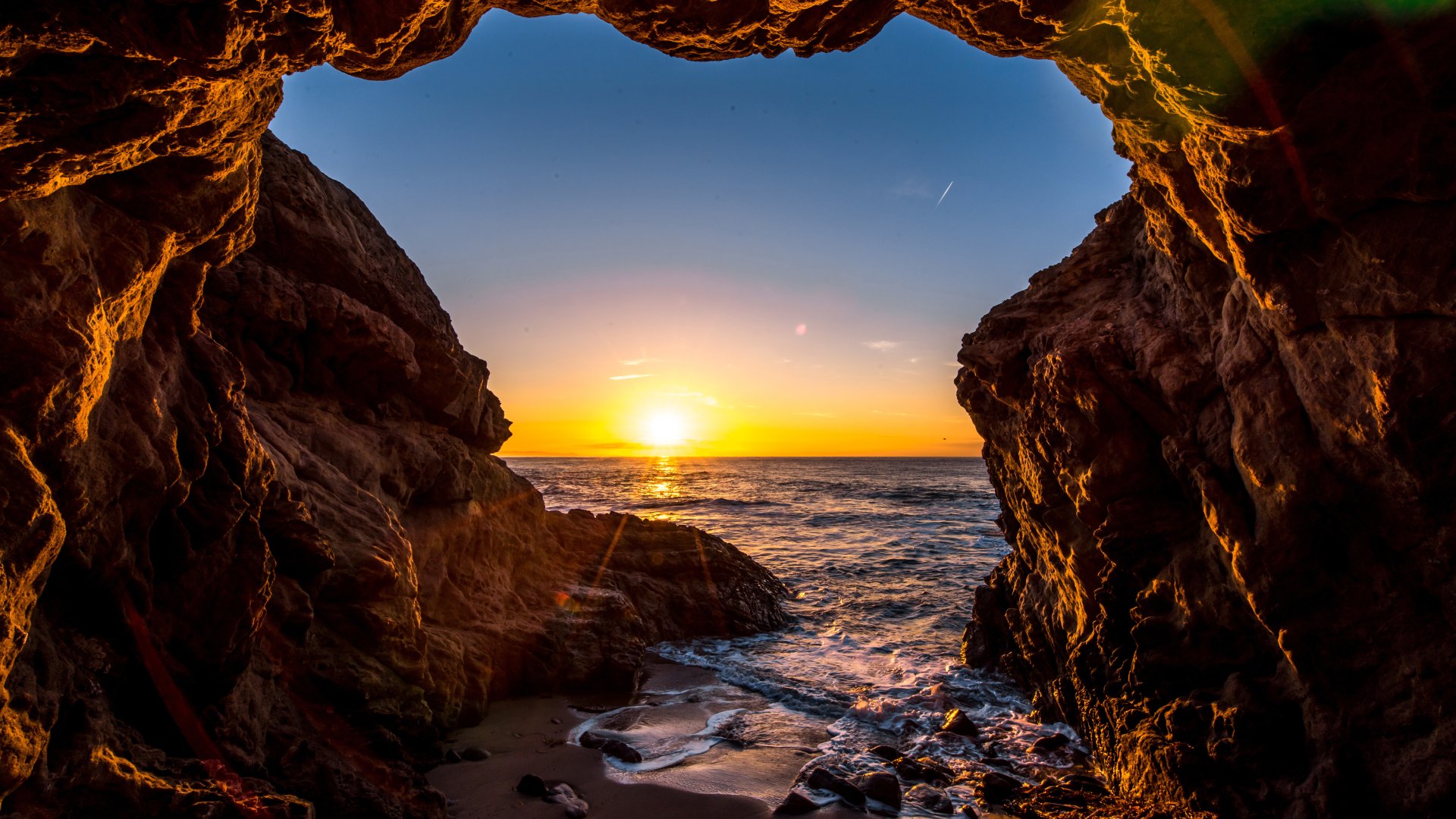 Beach Cave at Sunset 5k Retina Ultra HD Wallpaper | Background Image