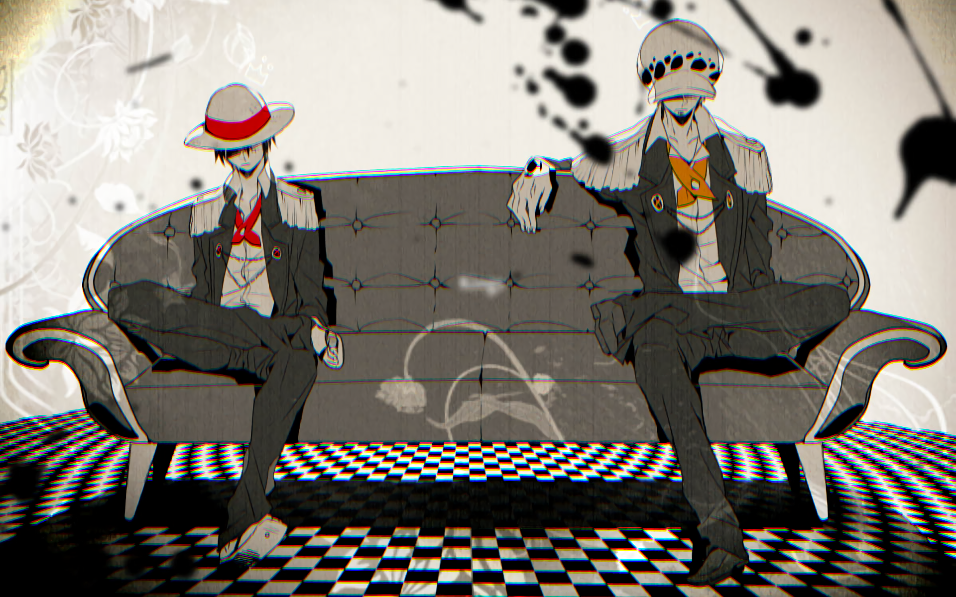 HD desktop wallpaper featuring Trafalgar Law and Monkey D. Luffy from the anime One Piece, seated on a stylish couch against an artistic background with abstract elements.