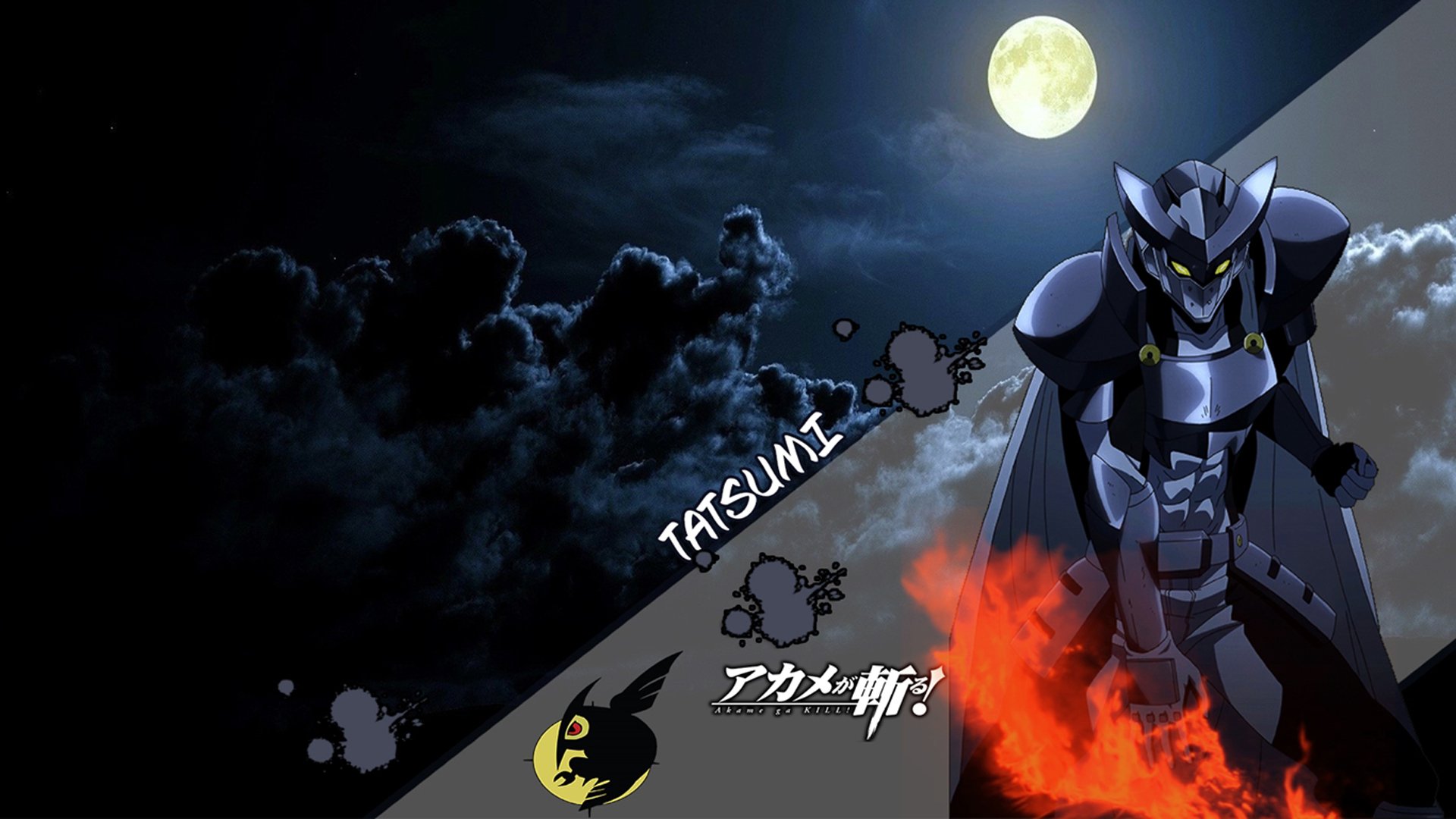 HD desktop wallpaper featuring Tatsumi from Akame Ga Kill! surrounded by a dramatic night sky and flames, showcasing the intense atmosphere of the anime.