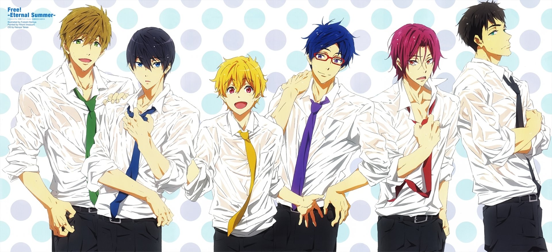 HD PC desktop wallpaper featuring the main characters from the anime Free!, dressed in white shirts and colorful ties against a polka dot background.