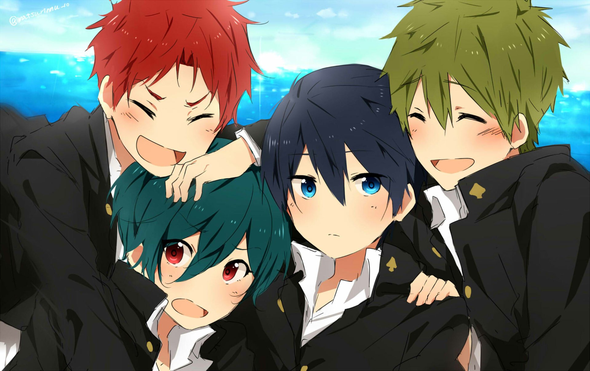 Anime-style HD desktop wallpaper featuring four smiling characters from Free! with a bright blue ocean and sky background.
