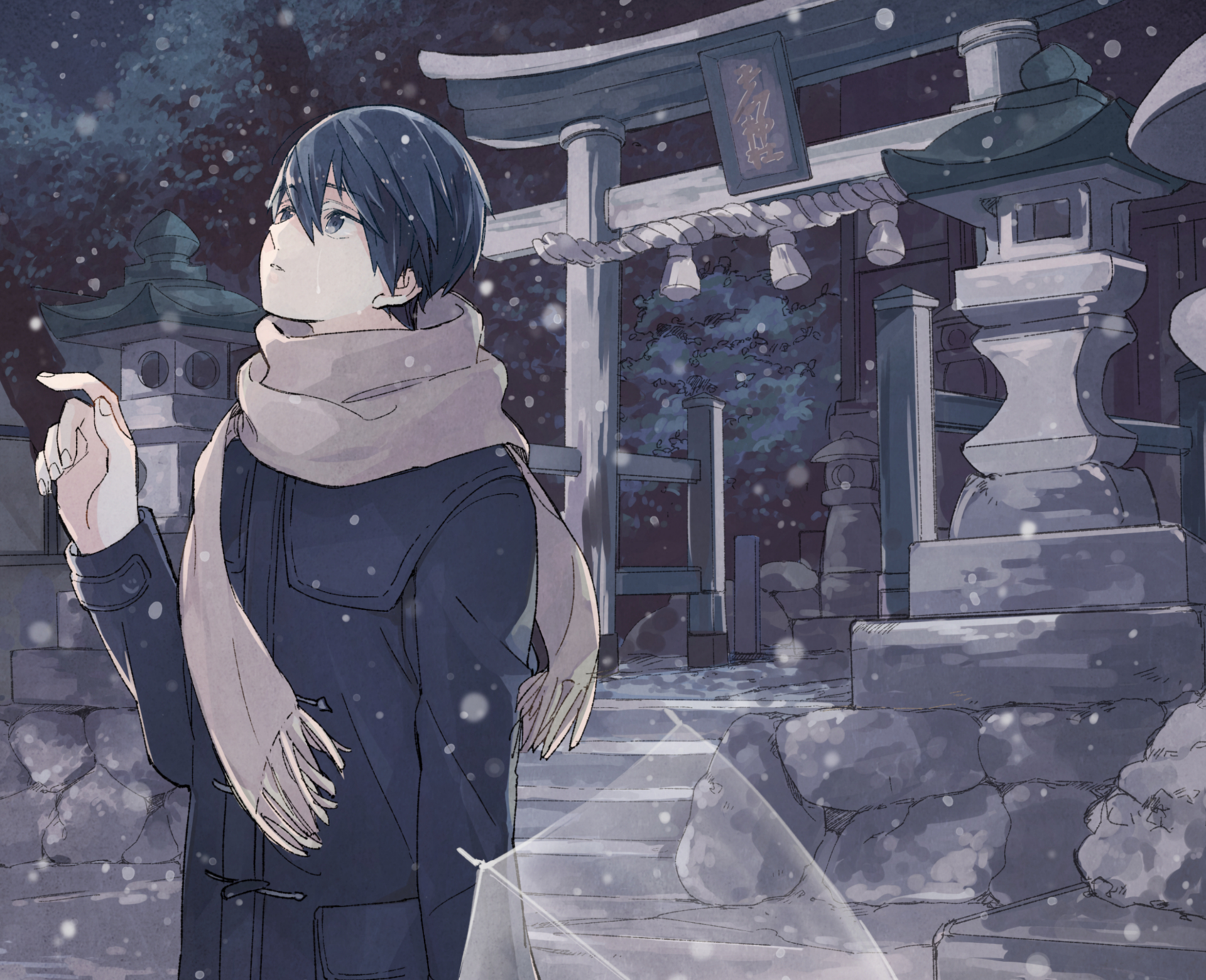 Anime-style HD PC desktop wallpaper featuring a character from Free! wearing a scarf, standing in a snowy shrine setting with stone lanterns and steps.