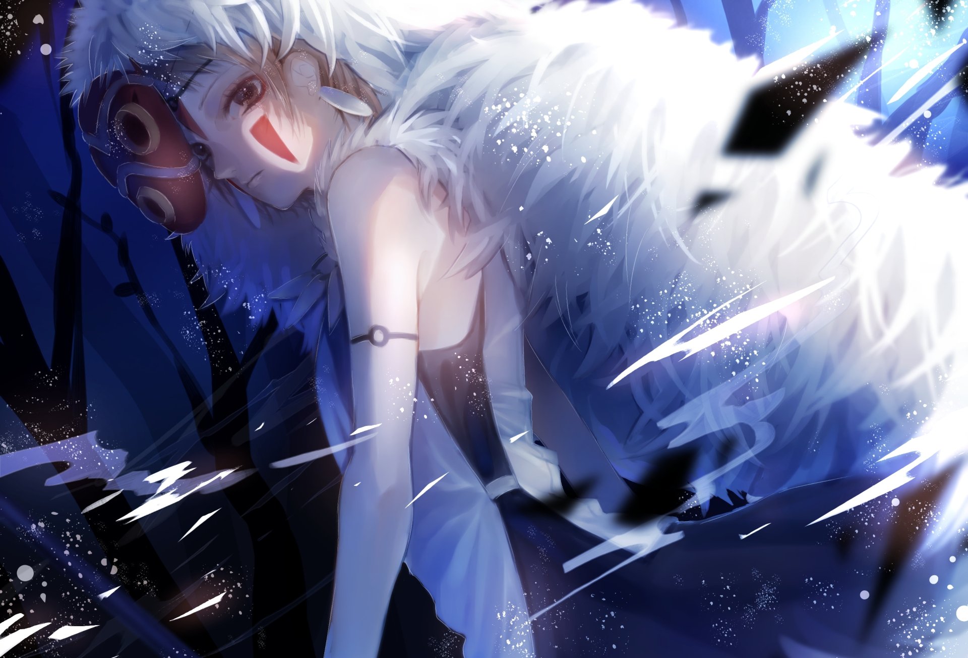 HD Anime desktop wallpaper featuring Princess Mononoke wearing her iconic mask, surrounded by ethereal blue and white hues creating a mystical atmosphere.