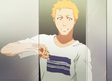 HD anime desktop wallpaper featuring Ichigo Kurosaki from Bleach, smiling with a casual white shirt against a soft, neutral background.