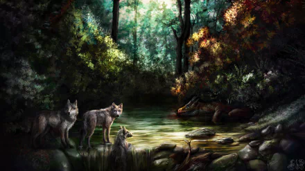 A dark, artistic forest scene featuring wolves near a shimmering water source, surrounded by vibrant foliage, creating a captivating HD desktop wallpaper.