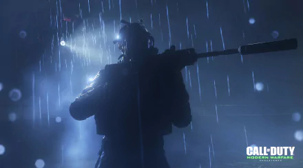 HD PC desktop wallpaper featuring a soldier in rain with a weapon from the video game Call of Duty: Modern Warfare Remastered.