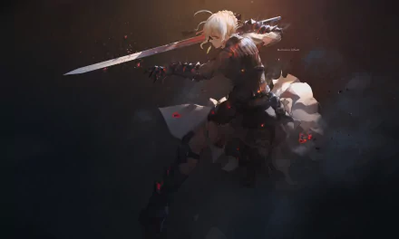 HD desktop wallpaper featuring an intense action scene from the anime Fate/Stay Night, showcasing a character wielding a glowing sword against a dark, dramatic background.