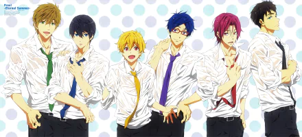 HD PC desktop wallpaper featuring the main characters from the anime Free!, dressed in white shirts and colorful ties against a polka dot background.