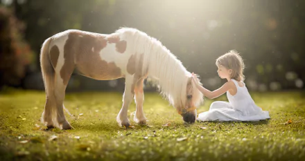A blonde little girl in a white dress gently strokes a pony on sunny grass, captured in a 4K Ultra HD desktop wallpaper photo.