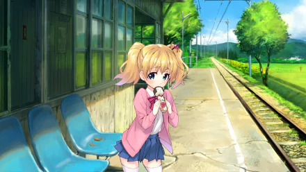 HD anime desktop wallpaper from KINMOZA! featuring a blonde girl in a pink jacket standing at a rural train station on a sunny day.