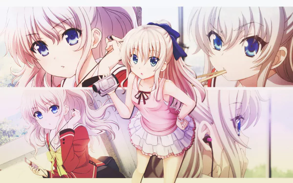 HD desktop wallpaper featuring Charlotte from the anime Charlotte, depicting a character with long white hair, blue eyes, and various expressions, holding a camera and dressed cutely.