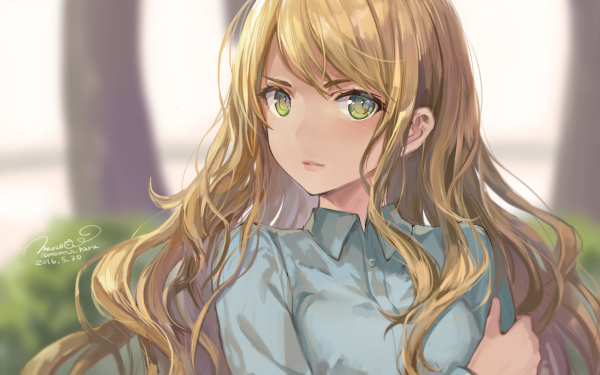 Anime Girl Long Hair Blonde Green Eyes Shirt HD Wallpaper | Background Image