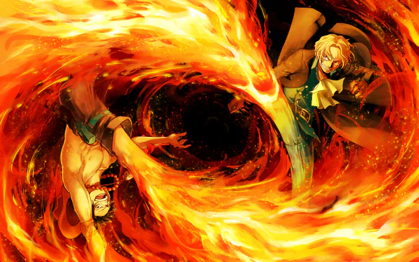 Anime wallpaper featuring Sabo and Portgas D. Ace from One Piece, surrounded by swirling flames, showcasing an intense and dynamic moment between the two characters.