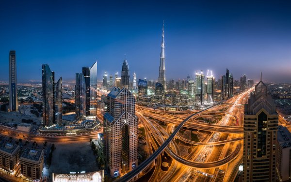 Man Made Dubai Cities United Arab Emirates Building Skyscraper Road Panorama Highway Cityscape Night City HD Wallpaper | Background Image
