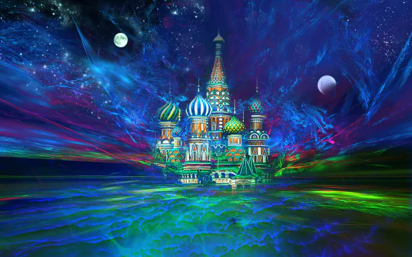 HD artistic fantasy wallpaper depicting a colorful Moscow church under a vibrant sky with multiple planets, blending surreal elements with vivid colors and cosmic scenery.