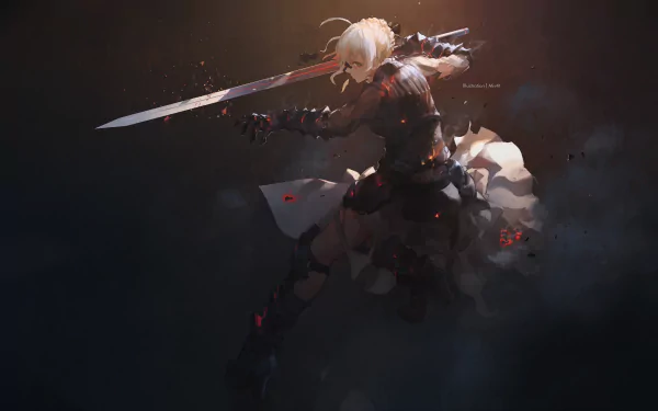 HD desktop wallpaper featuring an intense action scene from the anime Fate/Stay Night, showcasing a character wielding a glowing sword against a dark, dramatic background.