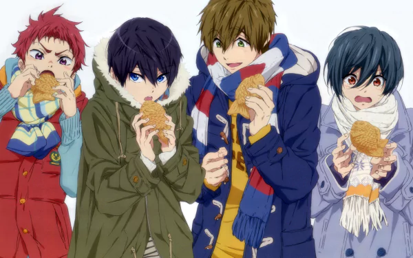 2K Quad HD PC desktop wallpaper of Free! anime: four winter-clad boys in colorful coats and scarves eating pastries against a white background.