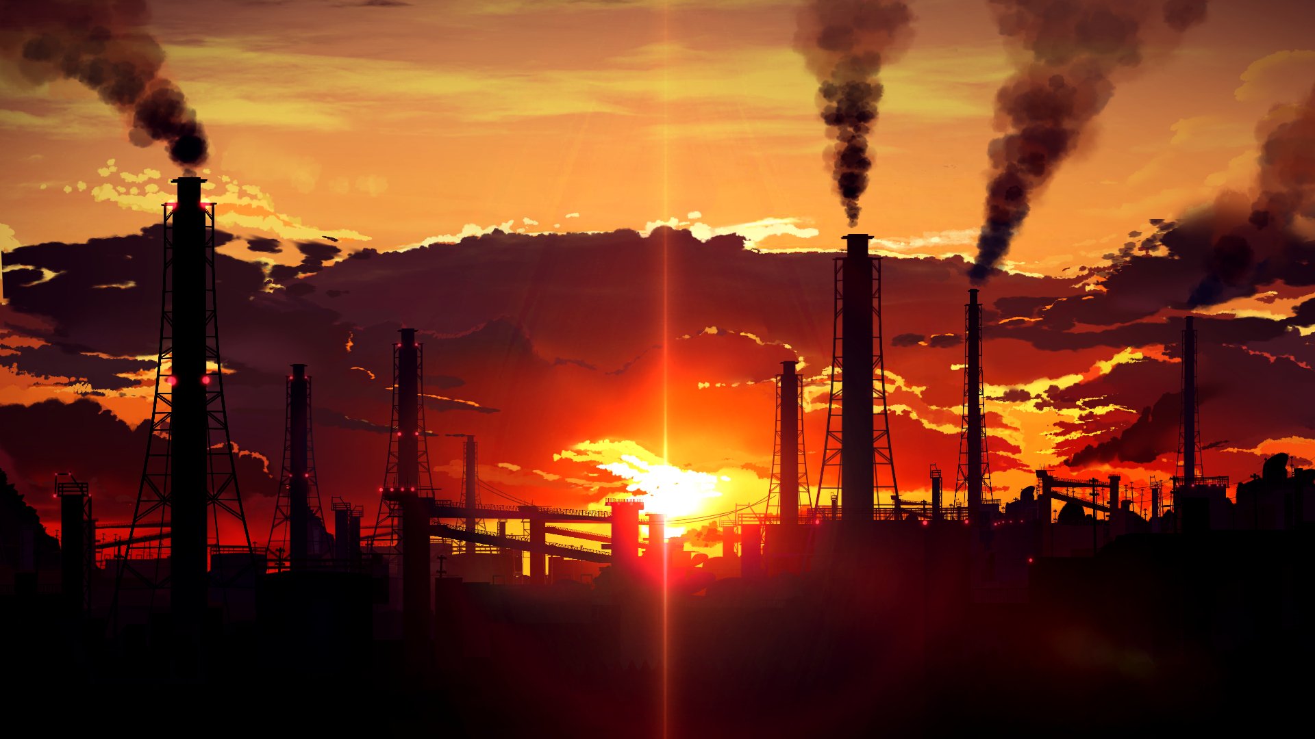 Anime-style industrial landscape at sunset, with silhouettes of smokestacks and structures against a vibrant sky. Original HD desktop wallpaper and background.