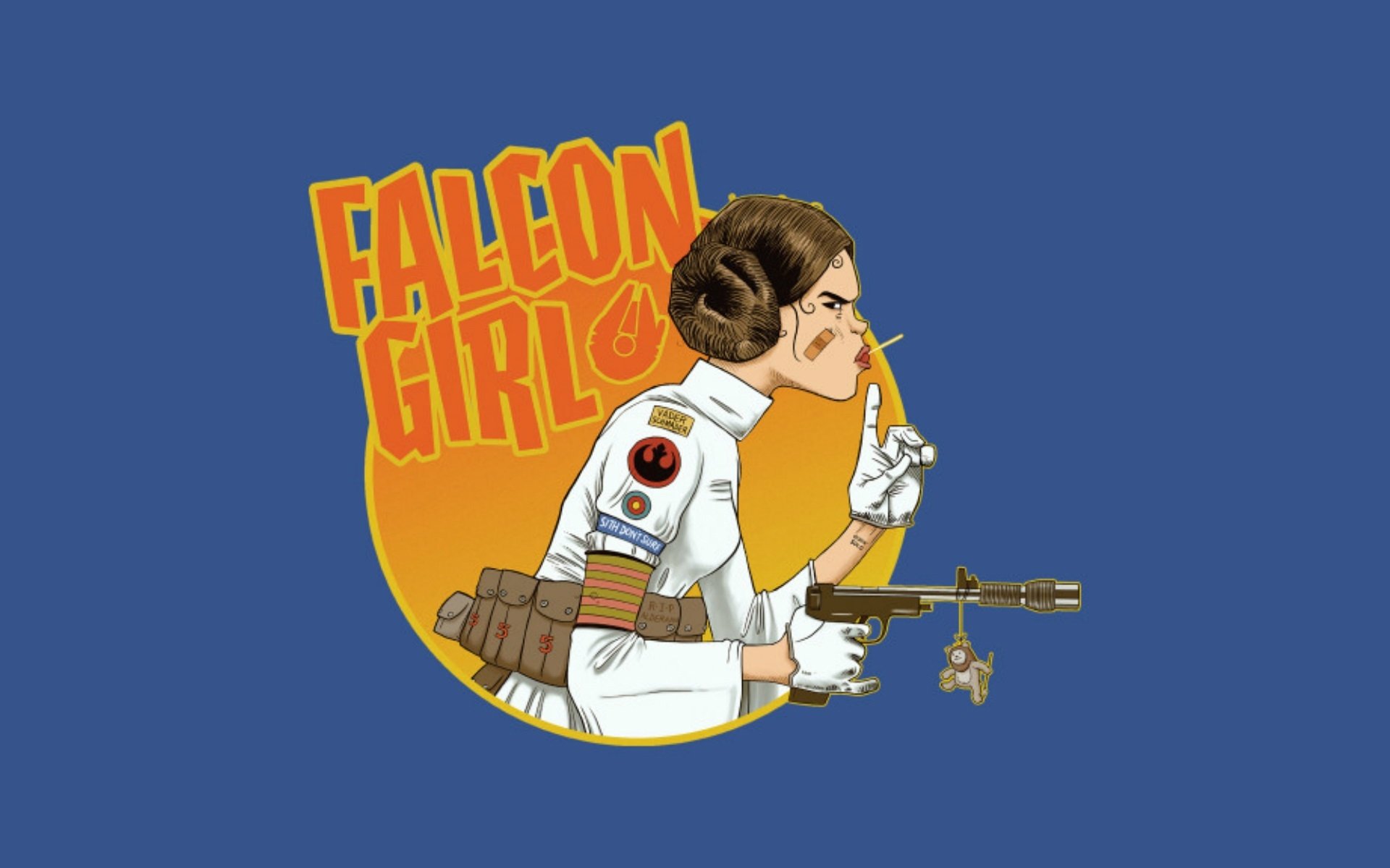 HD PC desktop wallpaper featuring a comic-style crossover of Princess Leia Organa with the text Faleon Girls in bold yellow and red on a blue background.