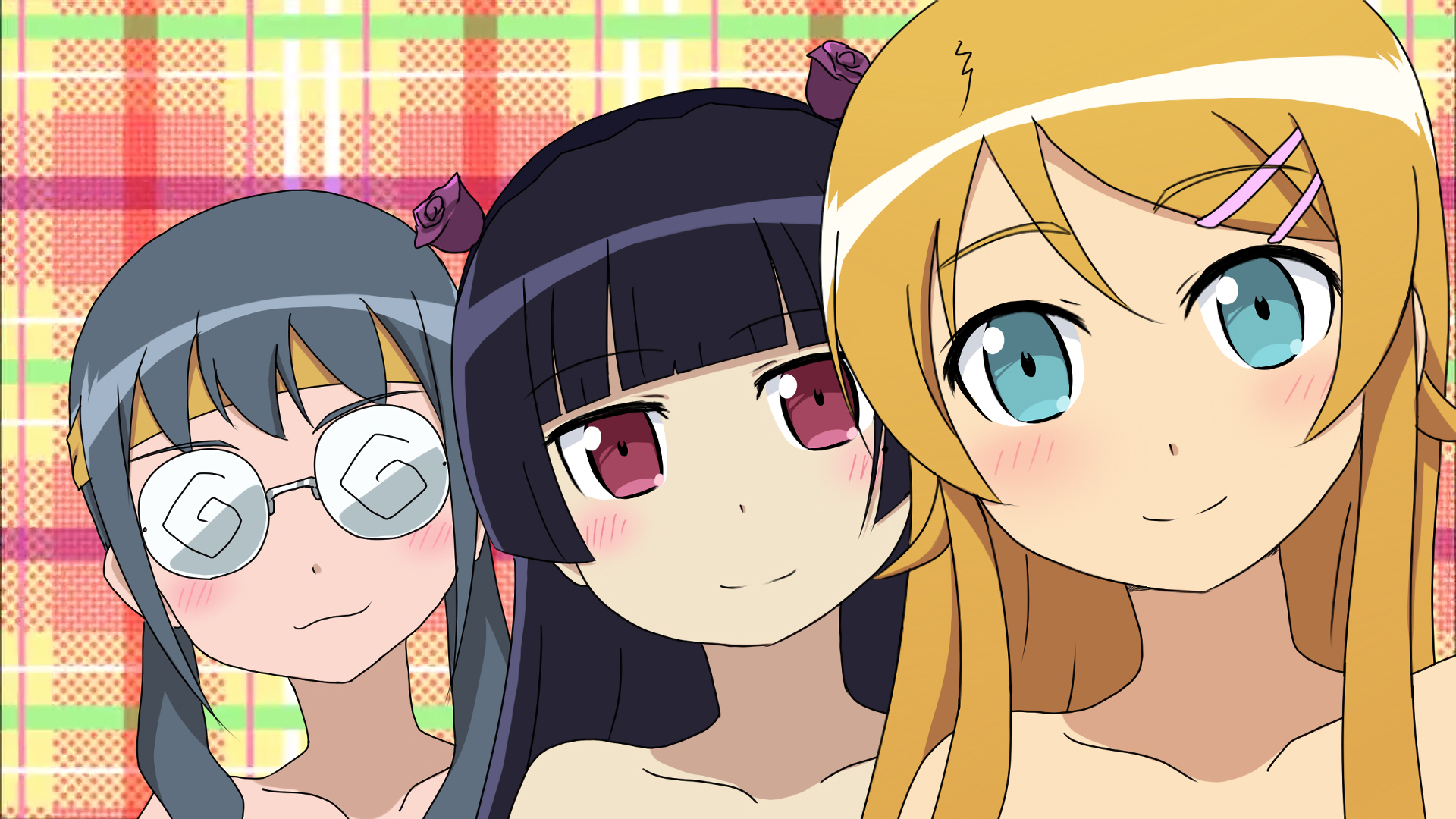 HD anime desktop wallpaper featuring Saori Makishima, Ruri Gokō, and Kirino Kousaka from Oreimo against a colorful plaid background.