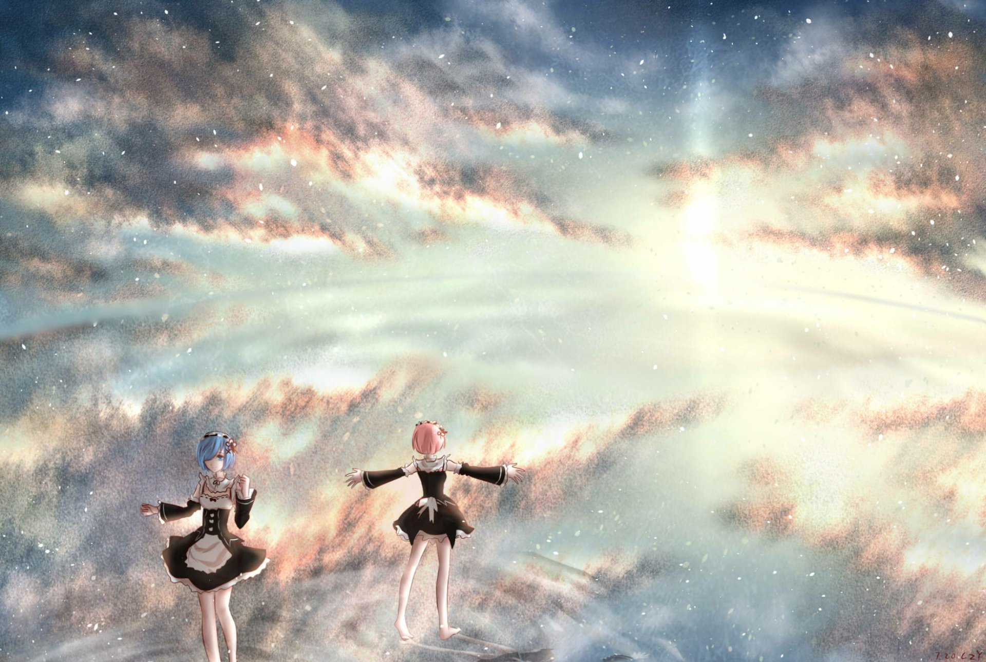 A stunning HD wallpaper featuring Ram and Rem from Re:ZERO - Starting Life in Another World, set against a vibrant, starry sky with swirling clouds.