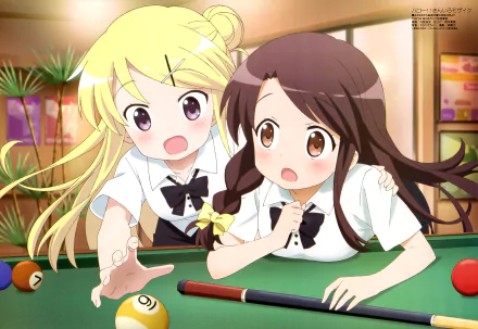 HD PC desktop wallpaper featuring two animated girls from the anime KINMOZA! playing pool in a cozy, brightly lit room.