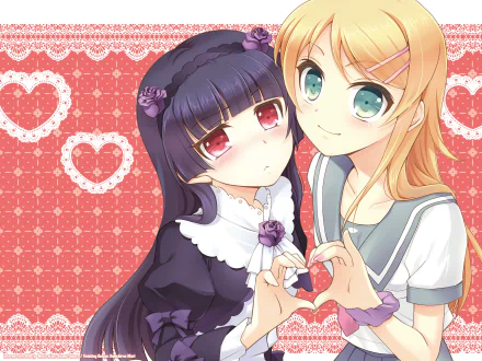 HD PC desktop wallpaper from Oreimo showing Kirino and Kuroneko close together against a pink heart pattern, their hands forming a small heart between them.