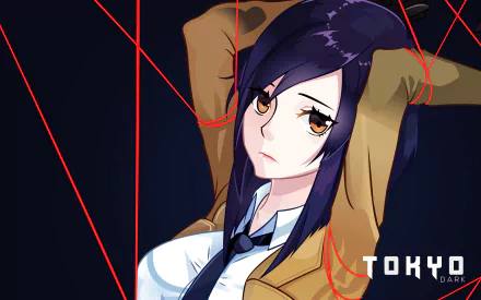 HD anime desktop wallpaper featuring a Tokyo Dark character with purple hair, wearing a school uniform and a tan jacket, set against a dark background with red lines.