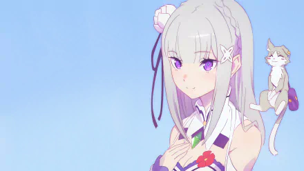 Emilia from Re:ZERO - Starting Life in Another World poses gracefully against a blue background, accompanied by a small cat, creating a serene and charming anime wallpaper.