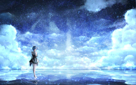 HD wallpaper featuring Rem from Re:Zero - Starting Life in Another World, standing on a reflective water surface under a starry night sky with clouds.