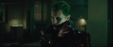 HD desktop wallpaper featuring Jared Leto as the Joker from the movie Suicide Squad. The image showcases a dark, ominous scene with the Joker's green hair and iconic look.
