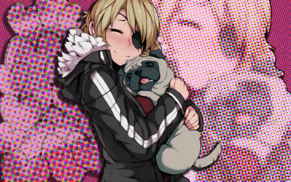 A colorful HD wallpaper featuring an anime girl joyfully holding a pink pug against a vibrant pink background, highlighting a playful and cozy atmosphere.