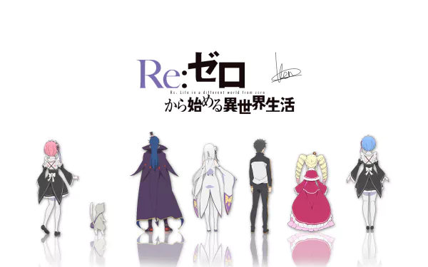 A striking HD wallpaper featuring characters from Re:ZERO - Starting Life in Another World, including Subaru, Emilia, Rem, Ram, Beatrice, and Roswaal, presented in an artistic line-up.