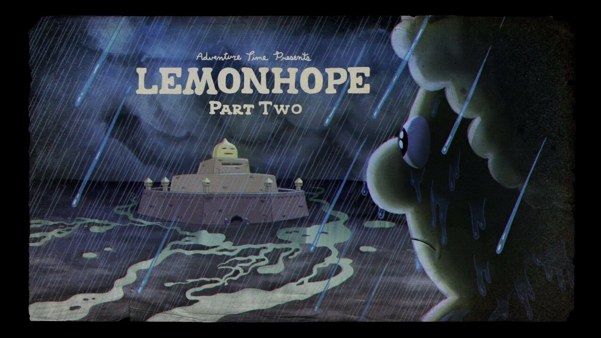 TV show Adventure Time HD PC desktop wallpaper: 'Lemonhope Part Two' title over a stormy sea, island fortress and a rain-soaked lemon character.