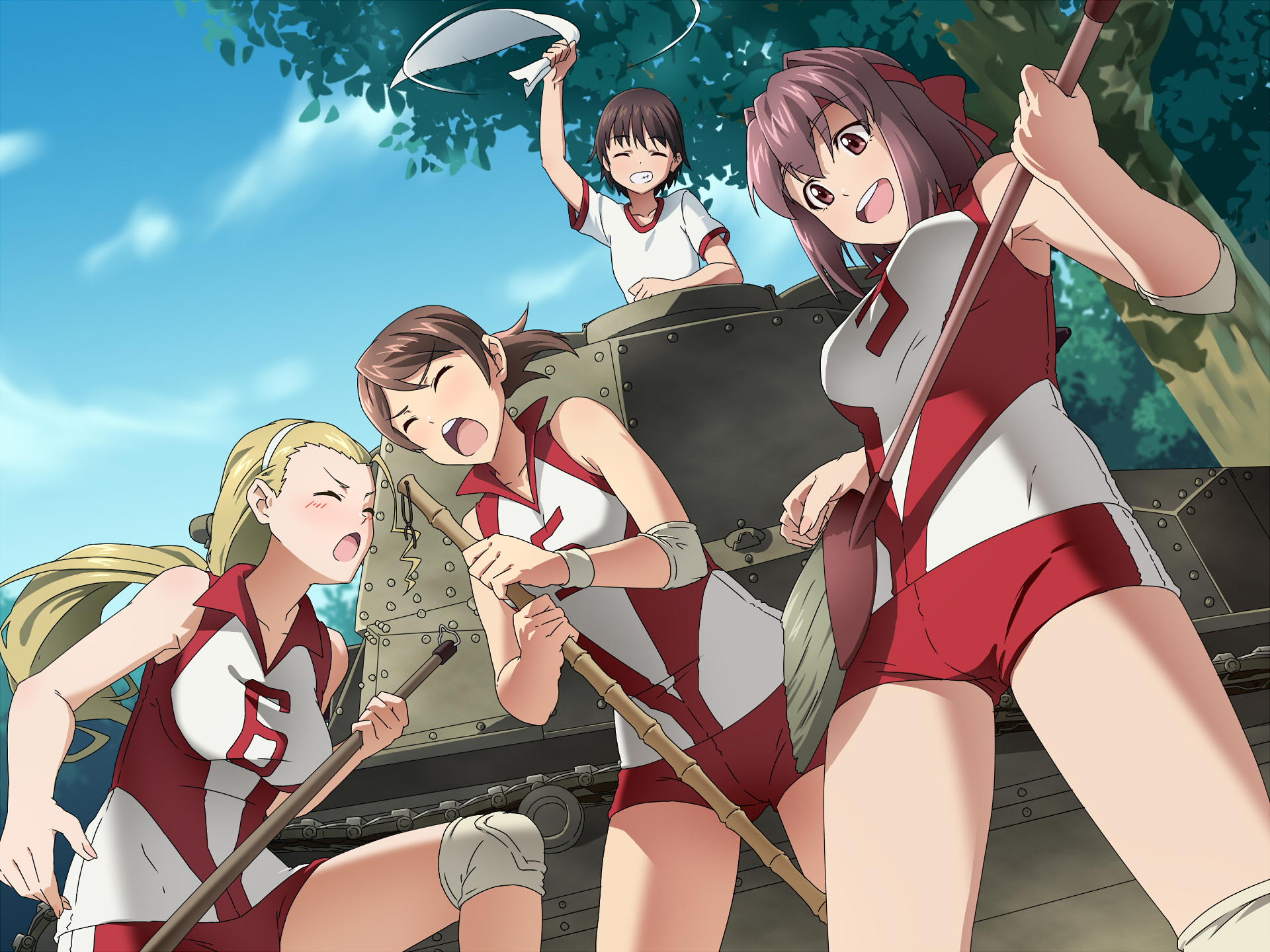 Anime Girls und Panzer HD PC desktop wallpaper: four girls in red-and-white gym uniforms cheerfully working around a tank beneath a bright blue sky.