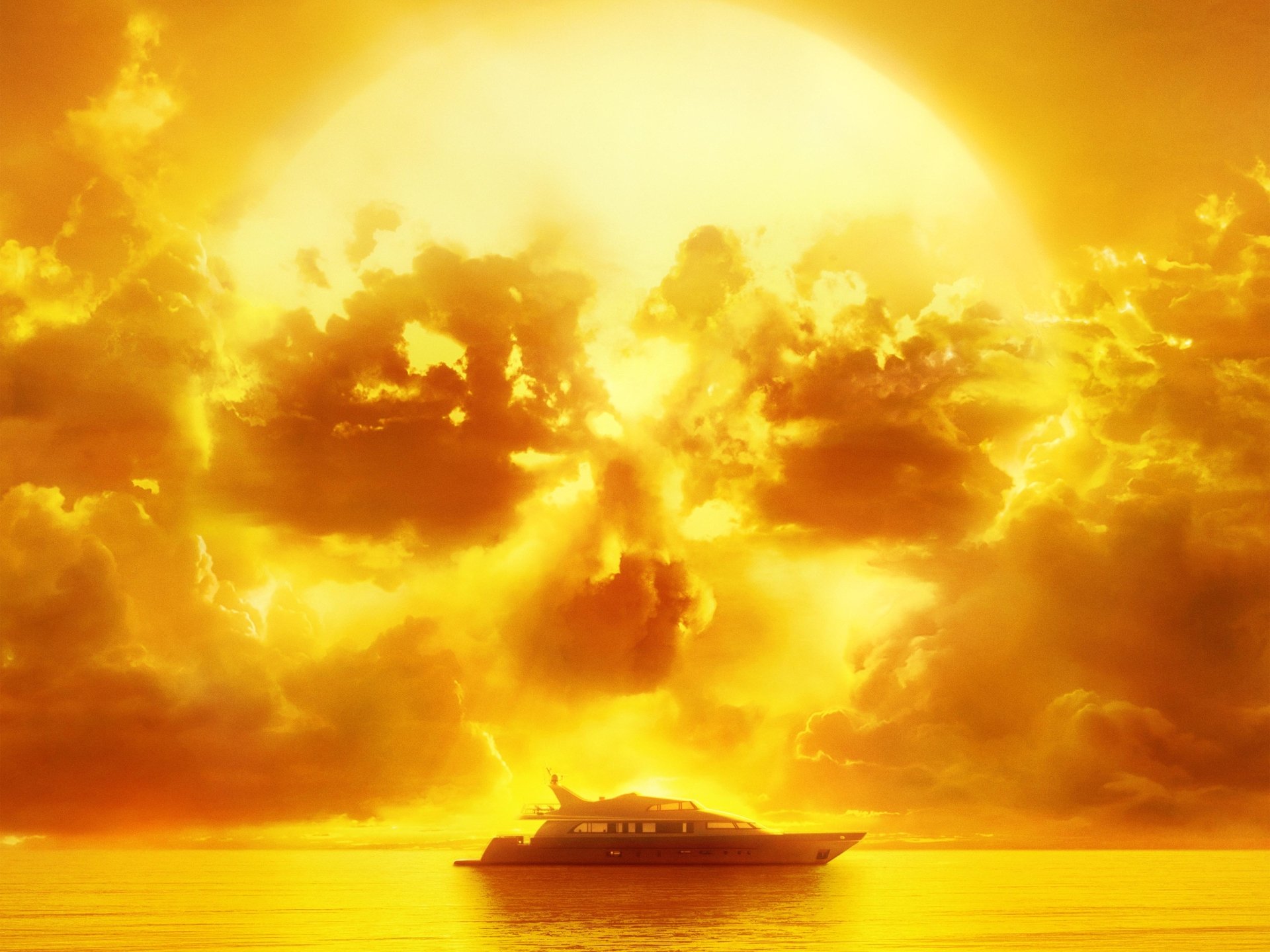 4K Ultra HD desktop wallpaper of a fiery sun forming a skull shape over the ocean with a yacht, inspired by the TV show Fear the Walking Dead.