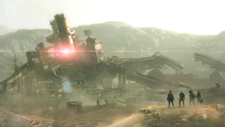 HD PC desktop wallpaper — Metal Gear Survive: four silhouetted survivors approach a ruined, fortress-like structure emitting a red beam across a foggy desert wasteland.