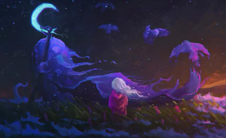 A white-haired child gazes at a glowing crescent moon in a night sky filled with spirit birds, blending dream and fantasy in this HD PC desktop wallpaper.