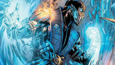 HD PC desktop wallpaper featuring a dynamic comic-style Mortal Kombat character unleashing icy powers in a vivid blue and fiery orange action scene.