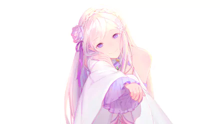HD wallpaper featuring Emilia from the anime Re:Zero - Starting Life in Another World. She is depicted with long white hair and a gentle expression against a minimalist white background.