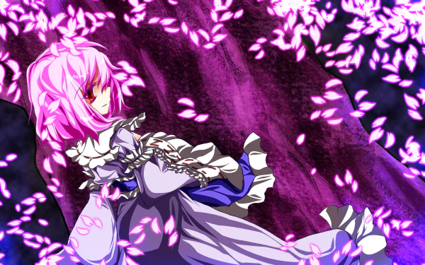Yuyuko Saigyouji (Touhou) anime 2K Quad HD PC wallpaper: pink-haired Yuyuko in a flowing kimono amid swirling cherry blossoms on a deep purple backdrop.