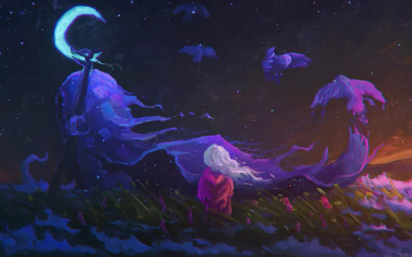 A white-haired child gazes at a glowing crescent moon in a night sky filled with spirit birds, blending dream and fantasy in this HD PC desktop wallpaper.